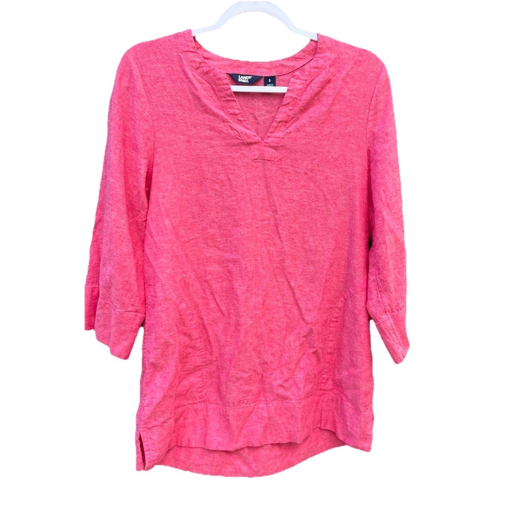 Lands End Womens Shirt 3/4 Sleeve Vneck Tunic Lagenlook Linen Blend Pink Size S
